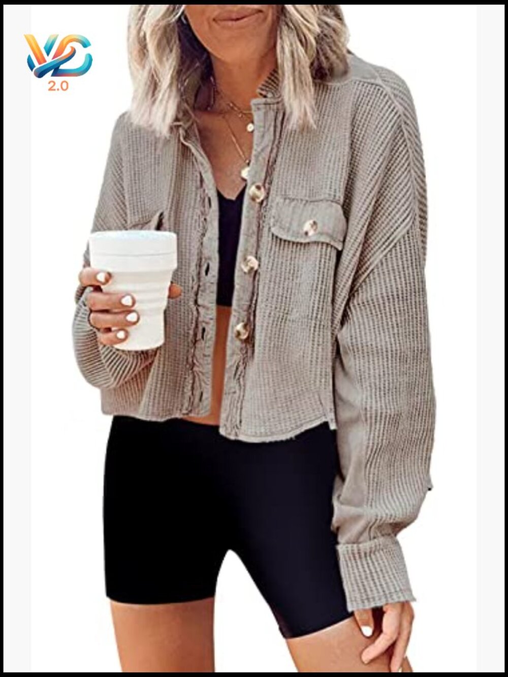 Cropped Button Down Waffle Knit Shacket Batwing Sleeve Jacket with Pockets - Picture 2 of 6